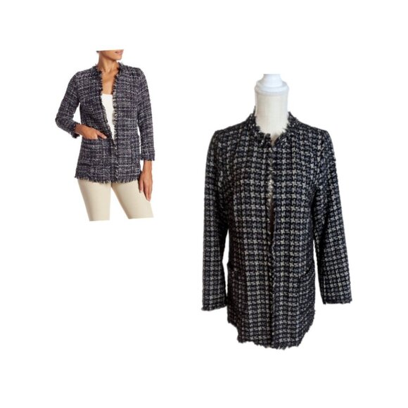Catherine Maladrino Black Boucle Houndstooth Tweed Open Front Blazer - Picture 1 of 8
